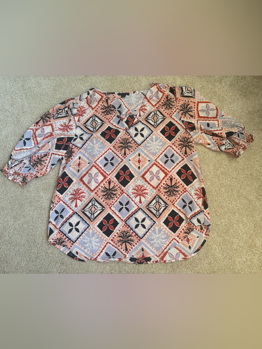 Ann Taylor Geometric Print blouse in Coral, Black & Lilac